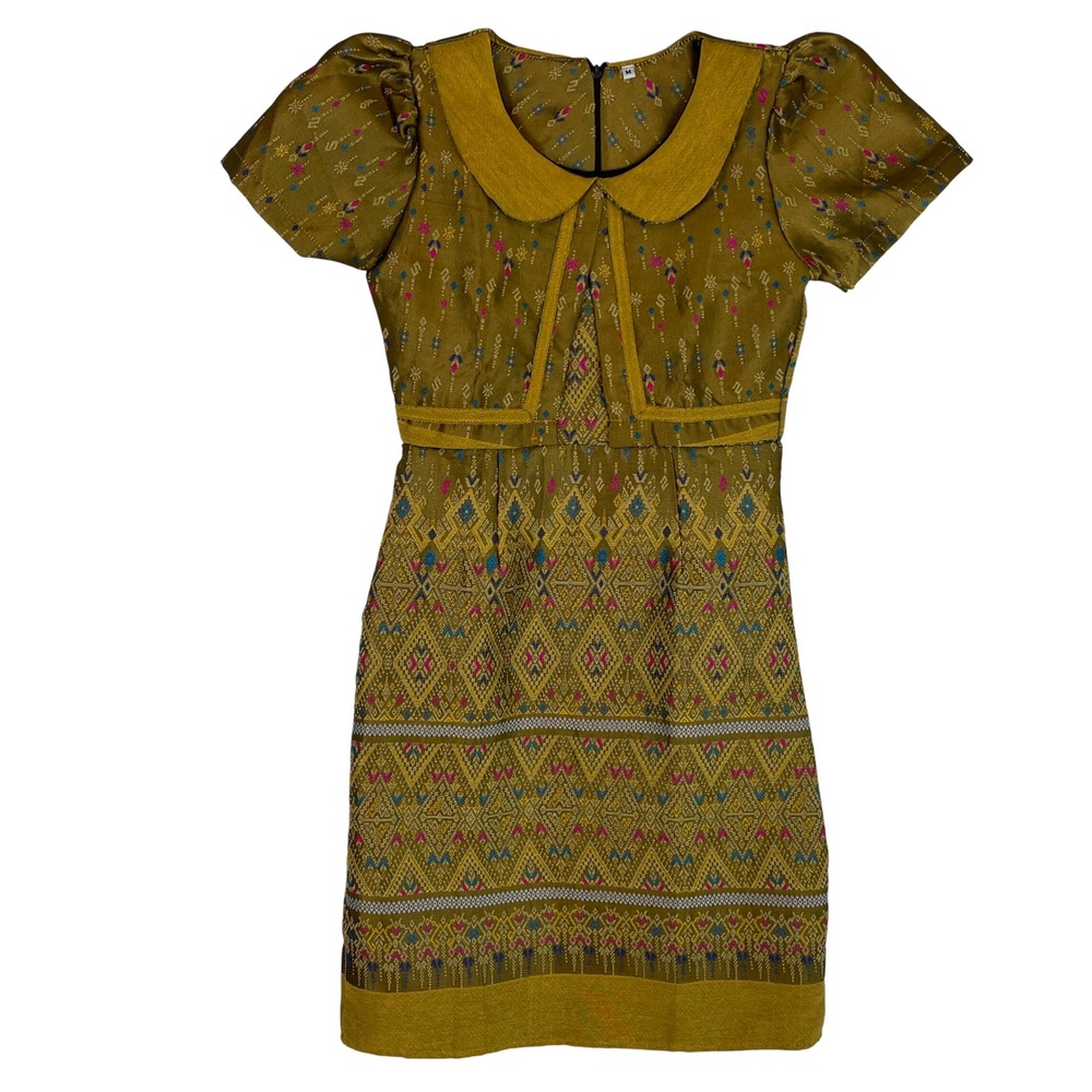 Vintage Thai Silk Dress Womens Medium Patterned‎ Short Sleeve Peter Pan Collar